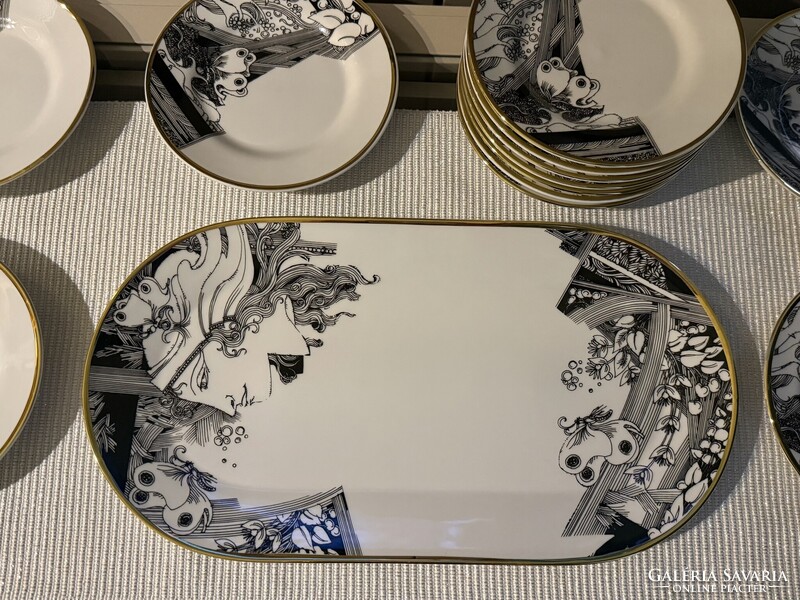 Hollóházi porcelán Szász Endre süteményes/szendvicses készlet
