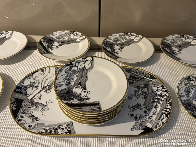 Hollóházi porcelán Szász Endre süteményes/szendvicses készlet