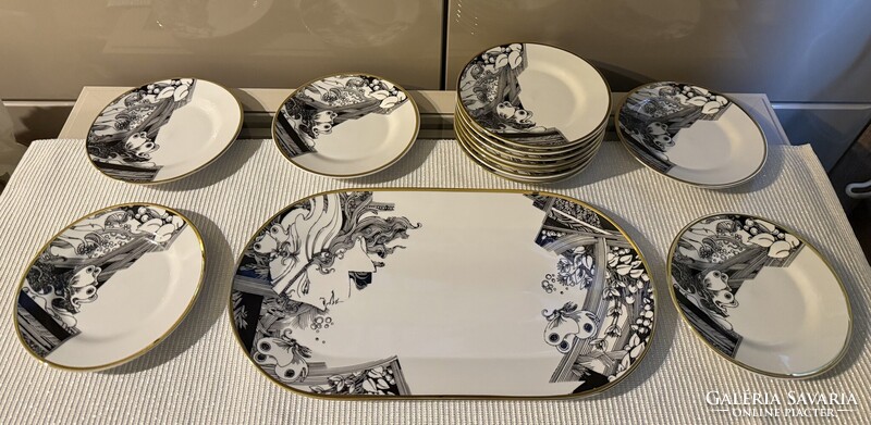 Hollóházi porcelán Szász Endre süteményes/szendvicses készlet