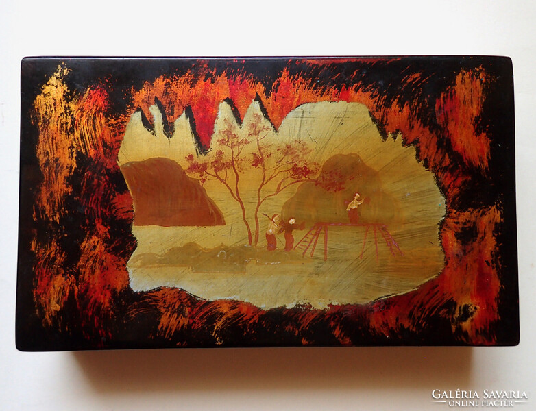 Antik kézzel festett keleti vietnámi lakk doboz lakkozott fa doboz lakkdoboz fadoboz kártya doboz