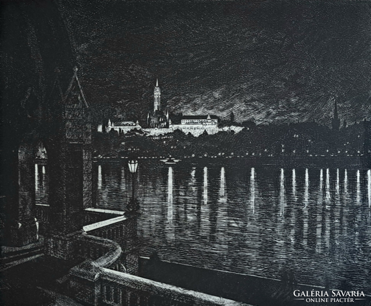 Szennik György: Dunai panoráma - Kilátás az Országházból (keretezett) Halászbástya, Vár, Budapest