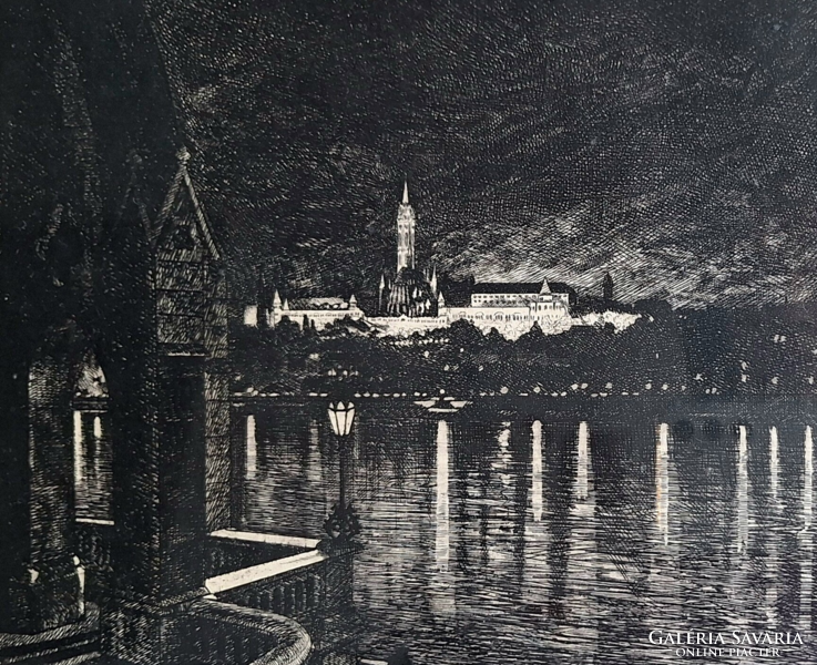 Szennik György: Dunai panoráma - Kilátás az Országházból (keretezett) Halászbástya, Vár, Budapest