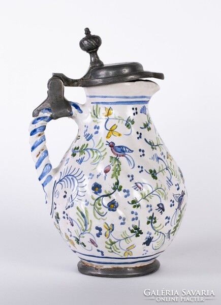 Antik, ónmázas fajansz kancsó, datált: 1769! Ón szerelékkel, szinte hibátlan!