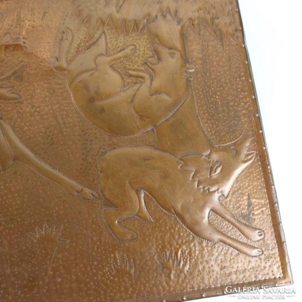 Vintage réz fali kép, jávorszarvas farkasokkal viaskodik, vadász téma, Kb 1960-es évek