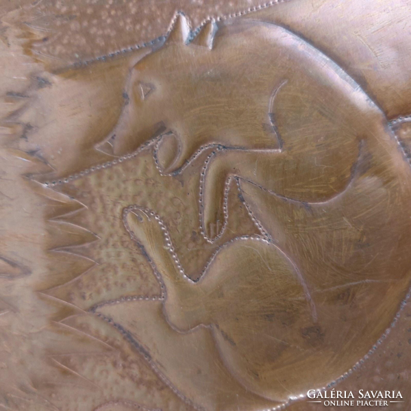 Vintage réz fali kép, jávorszarvas farkasokkal viaskodik, vadász téma, Kb 1960-es évek