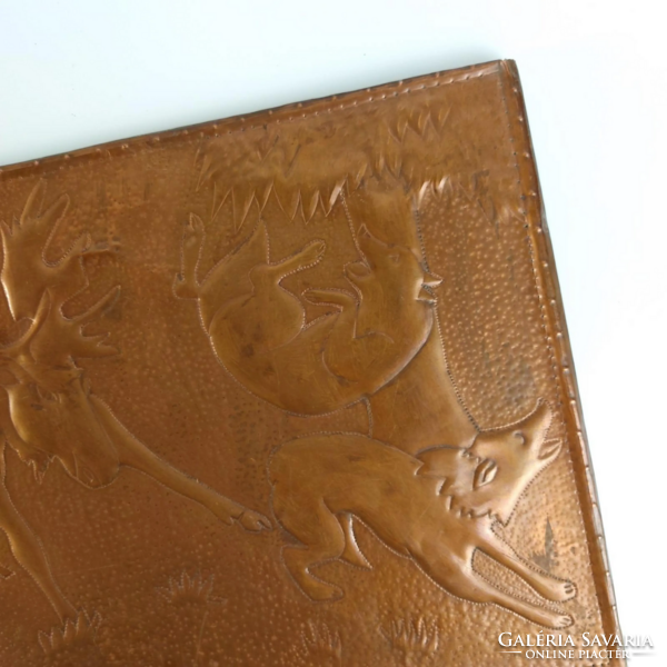 Vintage réz fali kép, jávorszarvas farkasokkal viaskodik, vadász téma, Kb 1960-es évek