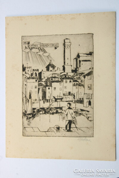 1935 - szignált Vadász Endre rézkarc - Ex libris Berkovicsék Mediterrán kikötő !!