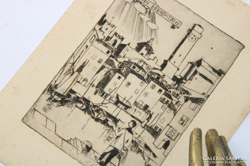 1935 - szignált Vadász Endre rézkarc - Ex libris Berkovicsék Mediterrán kikötő !!