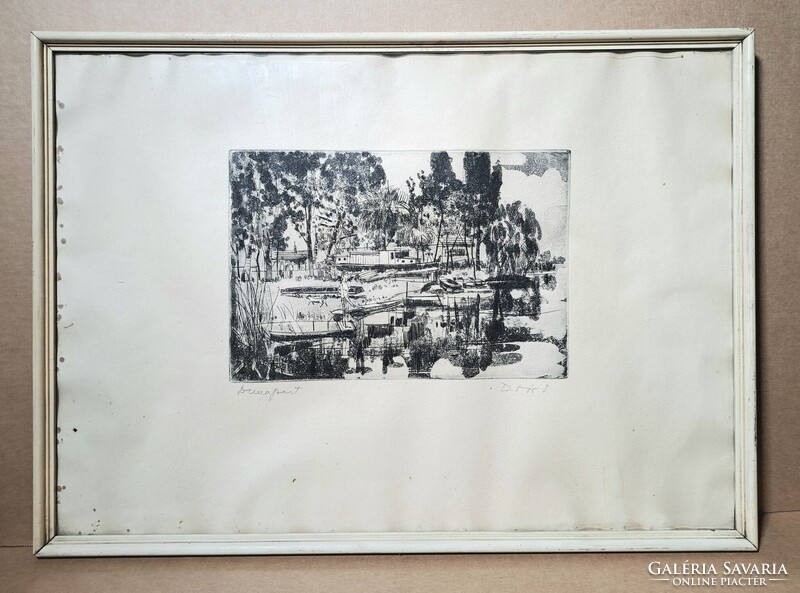 Doór Ferenc: Dunapart (szignózott rézkarc) vízparti jelenet, csónakok, hajók