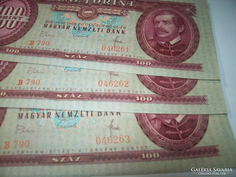 3 db sor követő. Ritka. 100 forint 1968 évjáratú. Kiss aláírás. B790. Kép szerint.