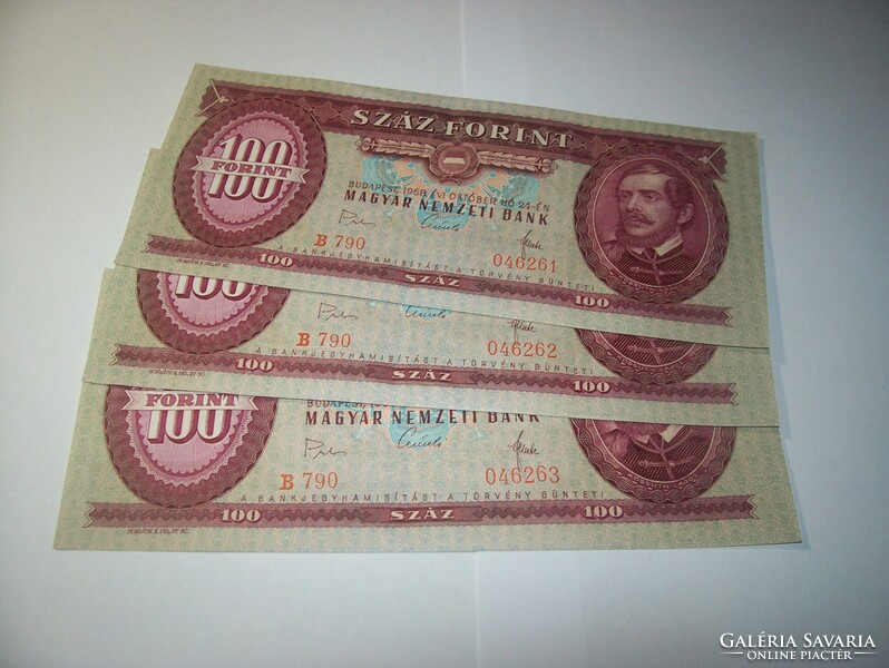 3 db sor követő. Ritka. 100 forint 1968 évjáratú. Kiss aláírás. B790. Kép szerint.