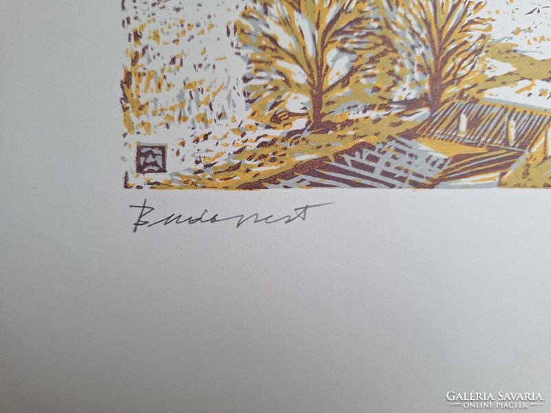 Csavlek András: Budapesti látkép (nagyméretű színes linómetszet) Budai Vár, Duna, Lánchíd