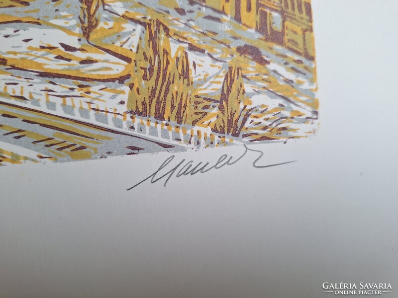 Csavlek András: Budapesti látkép (nagyméretű színes linómetszet) Budai Vár, Duna, Lánchíd