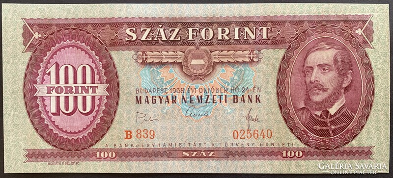 100 Forint 1968 P-171d UNC kis aláírás
