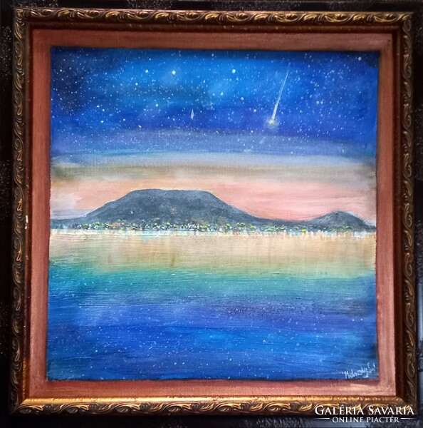 Prima díjas művésztől. Augusztusi Balaton 40x40 cm -es, tanúsítvánnyal Károlyfi Zsófia (1952-)