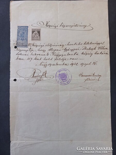 1922-es Községi bizonyítvány Nagyszalonta - 117 kat. hold földről tolnai lakosnak