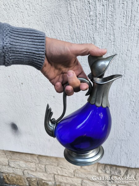 Gyönyörű kobalt kék üveges Kacsa kancsó,Kakas kancsó karaffa dekantàló jelzett fém.