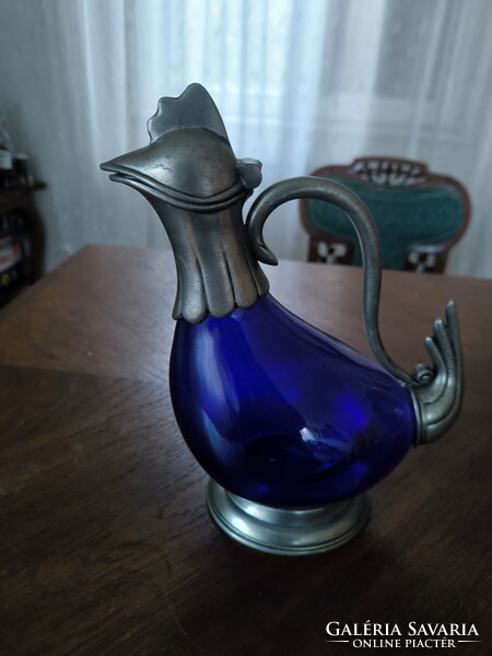 Gyönyörű kobalt kék üveges Kacsa kancsó,Kakas kancsó karaffa dekantàló jelzett fém.