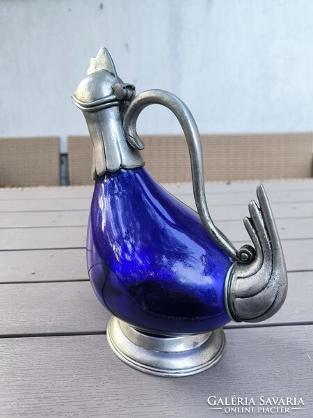Gyönyörű kobalt kék üveges Kacsa kancsó,Kakas kancsó karaffa dekantàló jelzett fém.