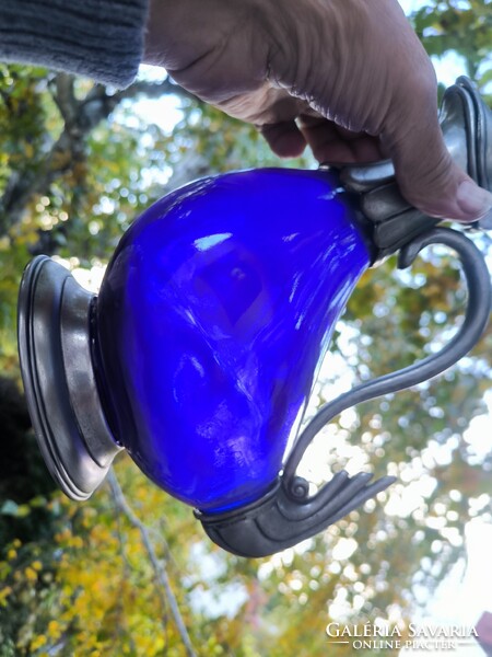 Gyönyörű kobalt kék üveges Kacsa kancsó,Kakas kancsó karaffa dekantàló jelzett fém.