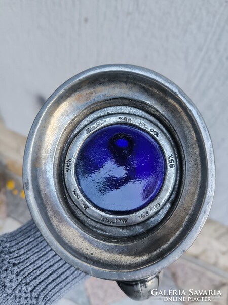 Gyönyörű kobalt kék üveges Kacsa kancsó,Kakas kancsó karaffa dekantàló jelzett fém.