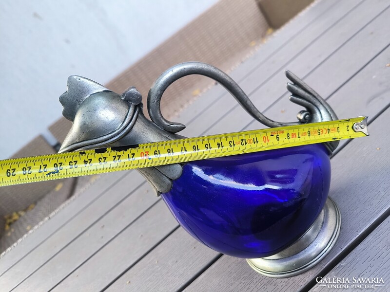 Gyönyörű kobalt kék üveges Kacsa kancsó,Kakas kancsó karaffa dekantàló jelzett fém.