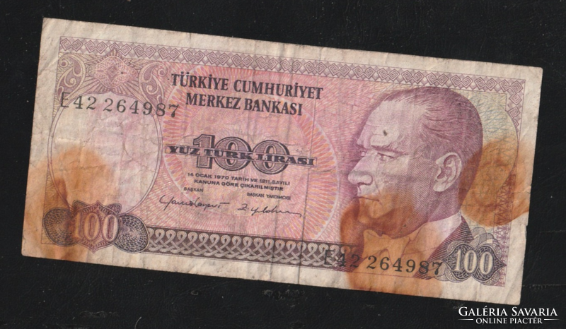 100 Török Líra  1970-es forgalmi papírpénz