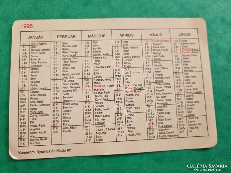 1995. évi kártyanaptár névnapokkal
