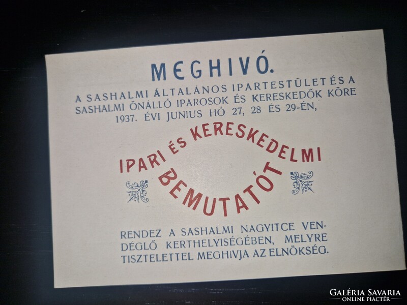 1937, Sashalom, az Ipartestület meghívója az Ipari és Kereskedelmi Bemutatóra