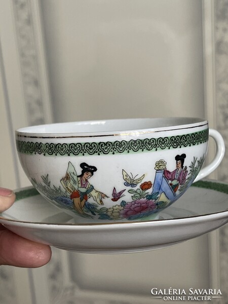 Gyönyörű gyűjtői finom vékony porcelán Kinai jelenetes teás csésze kistányérral