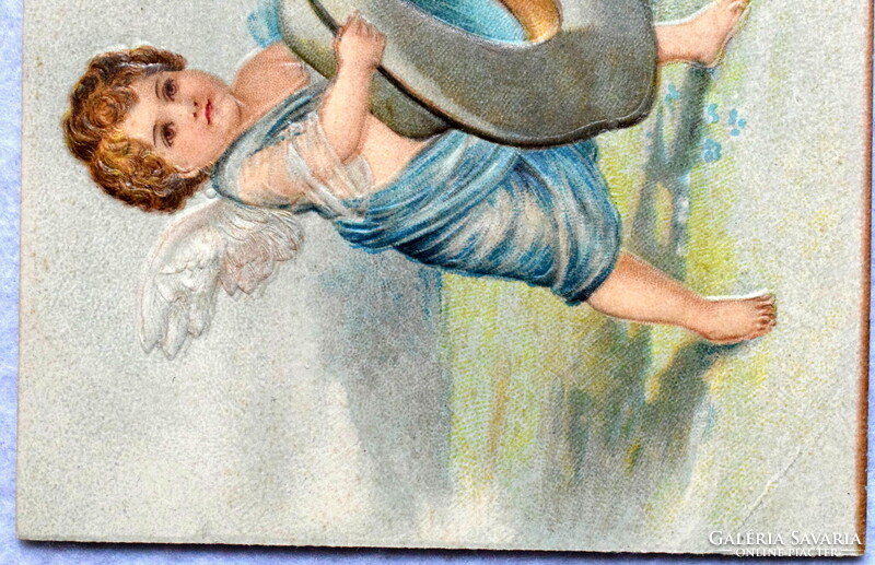 Antik dombornyomott Újévi üdvözlő képeslap -  angyalka kalappal ,  galambok . 4levelű lóhere