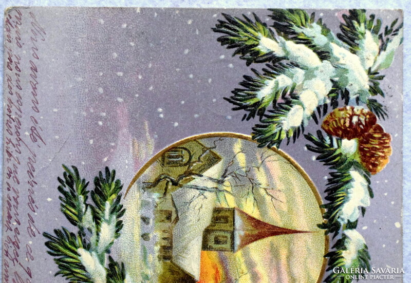 Antik dombornyomott Karácsonyi képeslap  - havas fenyőág , téli táj ,arany harang