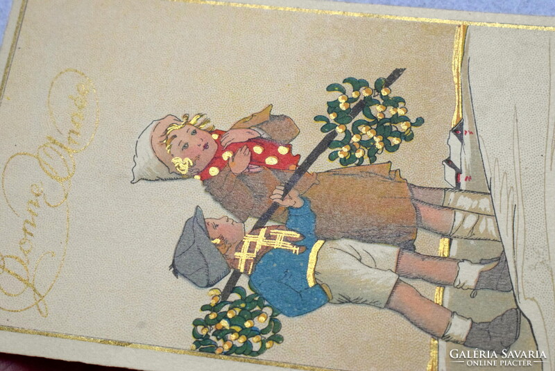 Art deco újévi üdvözlő litho képeslap - gyerekek ,  fagyöngy  aranyszín felülnyomás