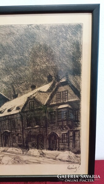 Élesdy István Utcakép Rézkarc