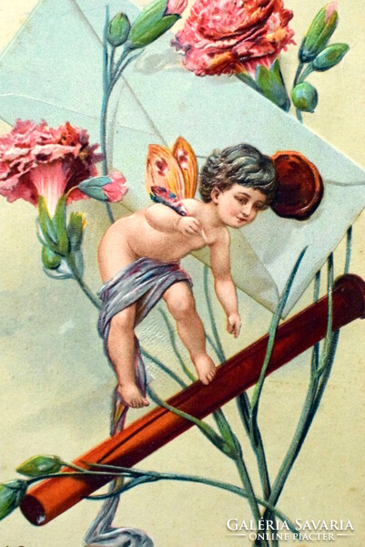 Antik  dombornyomott üdvözlő képeslap -  puttó levéllel viaszpecsét   1904