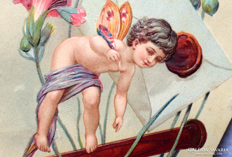 Antik  dombornyomott üdvözlő képeslap -  puttó levéllel viaszpecsét   1904