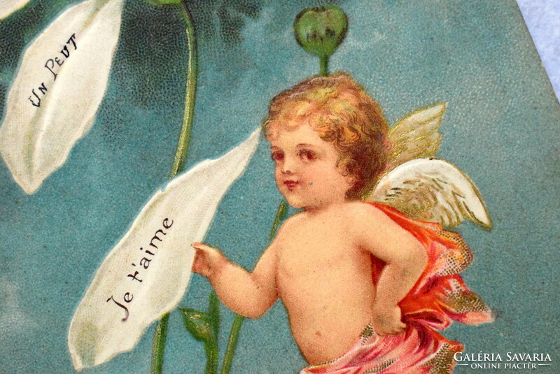 Antik dombornyomott  üdvözlő képeslap -  angyalka  szeret-nem szeret margaréta virággal 1904