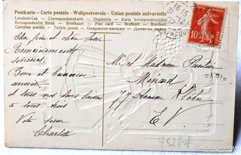 Antik dombornyomott Újévi üdvözlő képeslap  - kislány , téli táj, 4levelű lóhere  1907