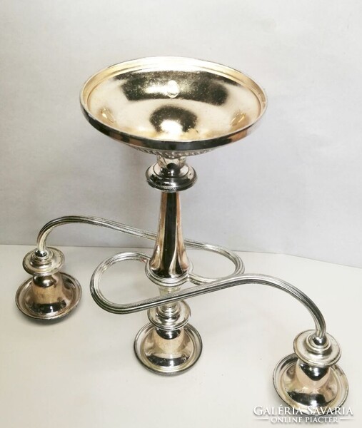 Ezüstözött neobarokk stílusú ívelt karos asztali gyertyatartó. Retro iparművészeti alkotás
