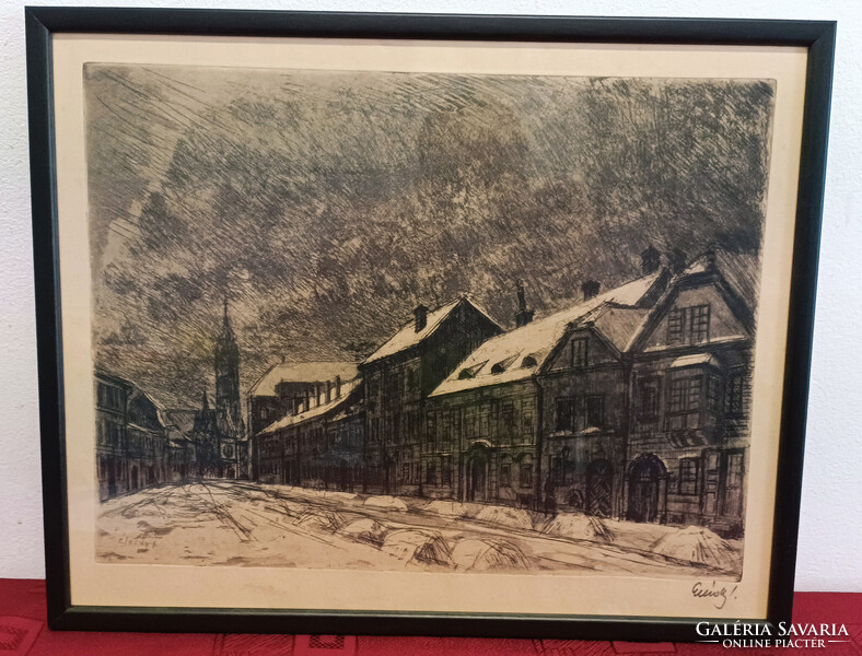 Élesdy István Utcakép Rézkarc