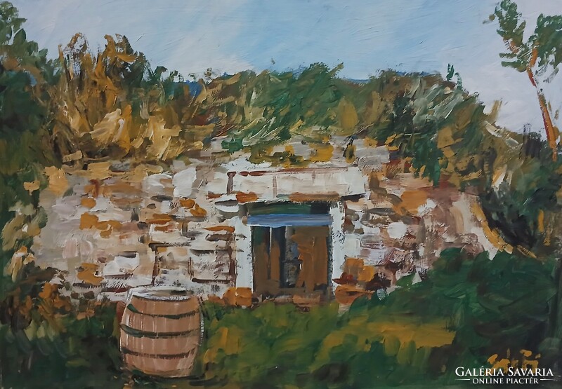 Festmény (02/57) - BÁNFI : BOROSPINCE AZ EGRI ÖREGSORON (olaj, karton, 50x35  cm)