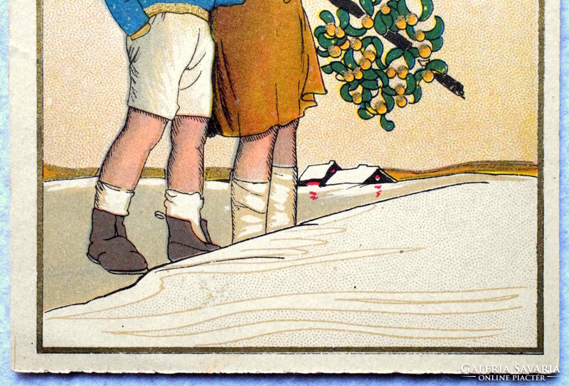 Art deco újévi üdvözlő litho képeslap - gyerekek ,  fagyöngy  aranyszín felülnyomás