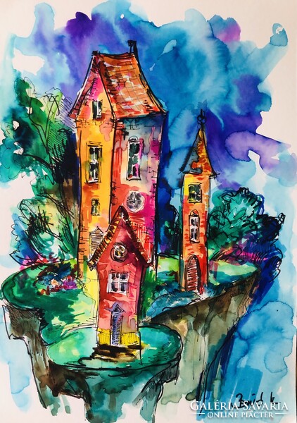 A rejtélyes ház . Gyönyörű  akvarell illusztráció art by Konrad Biro 34x24 cm.