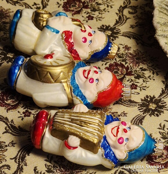 Karácsonyfadíszek vintage német üveg, 90-es évek– Krebs (KC) zenész bohócok