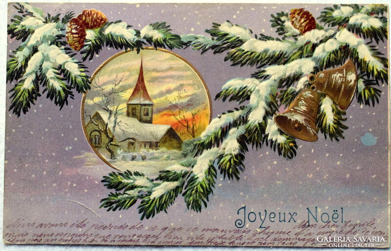 Antik dombornyomott Karácsonyi képeslap  - havas fenyőág , téli táj ,arany harang