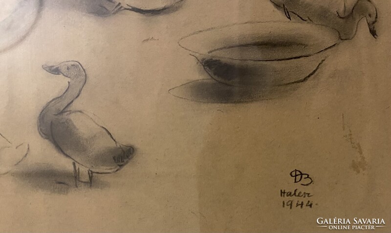 Ducsay Béla: Mari néni kacsái - szén, papír