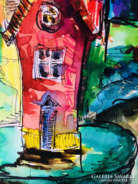 A rejtélyes ház . Gyönyörű  akvarell illusztráció art by Konrad Biro 34x24 cm.