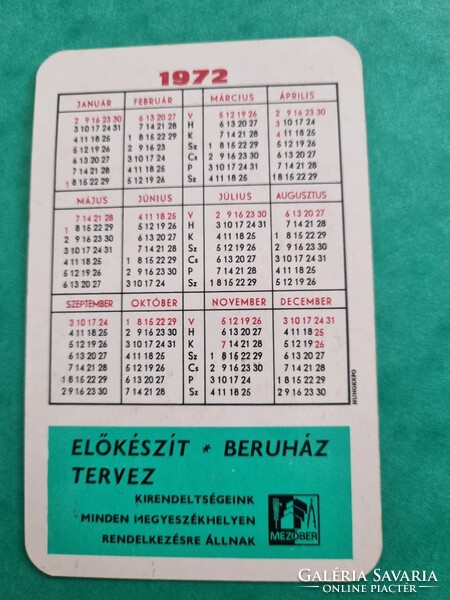 MEZŐBER 1972. évi kártyanaptár - OROSHÁZI ÁG