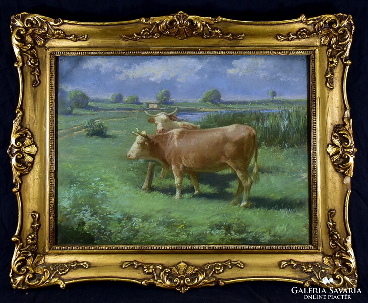 Sándor (?) jelzéssel XX. sz eleje : TEHENEK A RÉTEN