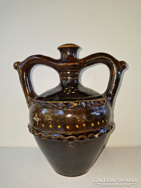 Kulutácz Mohács jelzett kétfülű kerámia ivókanna, kancsó, váza, antik